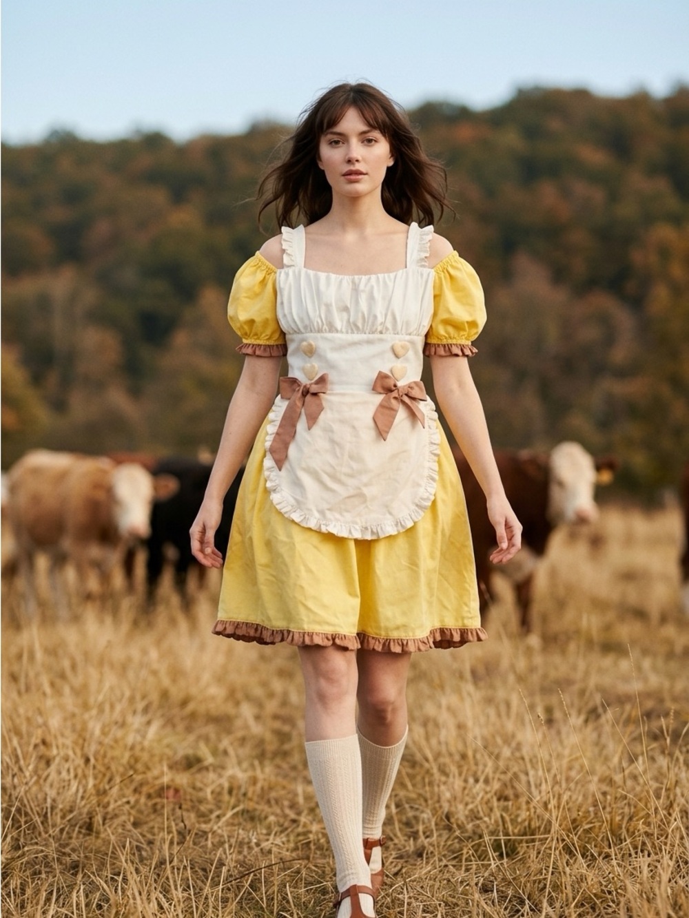 Yellow Puff-Sleeve Mini Dress with Cream Apron Detail